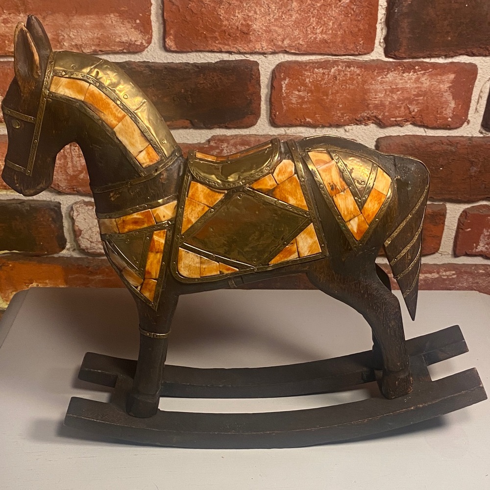 Decorative Amber Mosaic Wooden Rocking Horse - Home Art Accent
